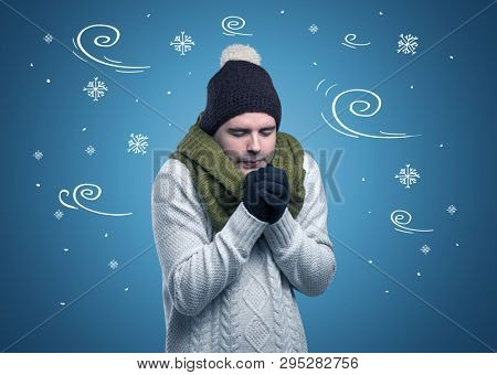 Young hipster frozen boy with doodled snowflakes and windy concept