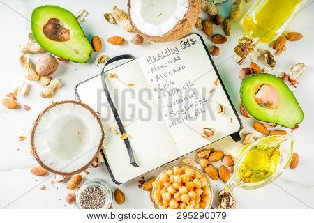 Healthy Vegan Fat Food Sources, Omega3, Omega6 Ingredients - Almond, Pecan, Hazelnuts, Walnuts, Oliv