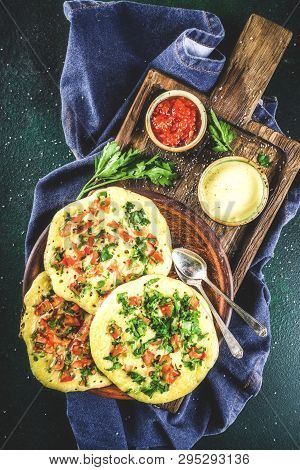 Indian Traditional Food Recipes, Uttapam Oats Or Semolina Pancakes With Fresh Vegetables And Herbs, 