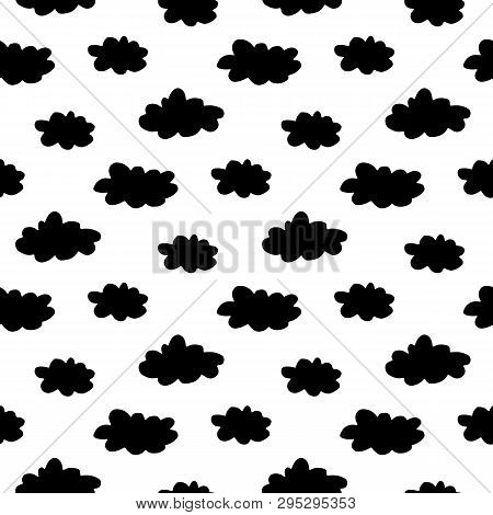 Cute Cartoon Thundercloud Pattern With Hand Drawn Clouds. Sweet Vector Black And White Thundercloud 