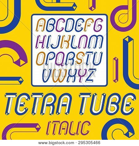Set Of Cool Vintage Vector Upper Case English Alphabet Letters, Abc Isolated. Special Rounded Italic