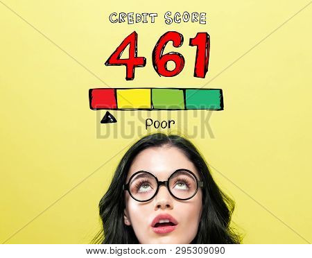 Poor Credit Score Theme With Young Woman Wearing Eye Glasses