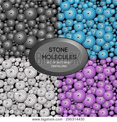 A Set Of Patterns Zentangl, In The Form Of Spiral Circles (stone Molecules). Vector Eps10