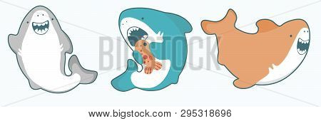 Sharks Vector Cartoon Seafish, Cute Smiles And Waves Fin In Kawaii Style Illustration