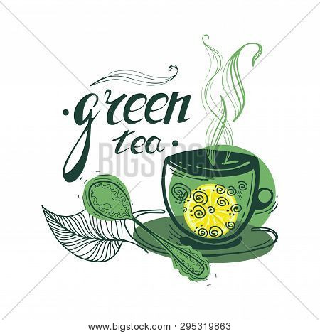 Stock Vector Illustration Of A Seamless Pattern Hand Drawn Tea Pair, Tea Leaves, Cubes On A White Ba