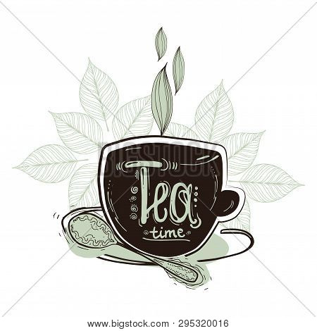 Stock Vector Illustration Of A Seamless Pattern Hand Drawn Tea Pair, Tea Leaves, Cubes On A White Ba