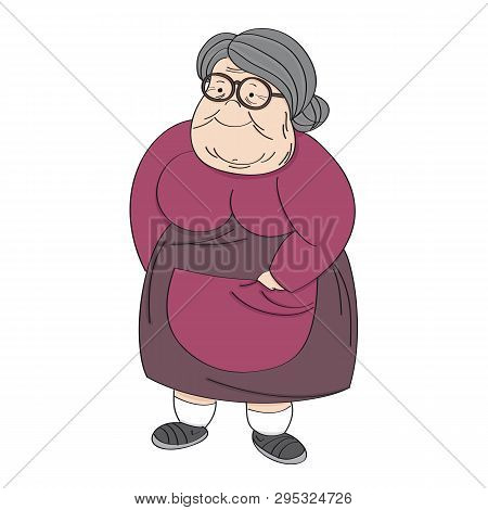 Old Cheerful Grey-haired Obese Senior Woman, Standing And Smiling. Original Hand Drawn Illustration.