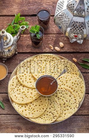 Moroccan Pancakes Baghrir Or Crepes With 1000 Holes Served With Honey And Mint Tea