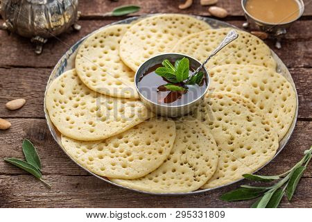 Close View Of Morrocan Pancakes Baghrir With Honey