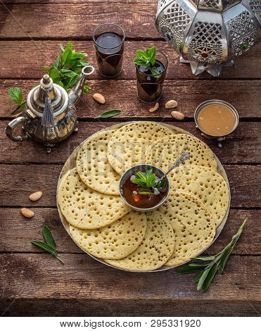Moroccan Pancakes Baghrir Or Crepes With 1000 Holes Served With Honey And Mint Tea