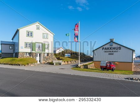 Hornafjordur Iceland - September 25. 2018: Tourist Information And A Restaurant Near The Harbor In T