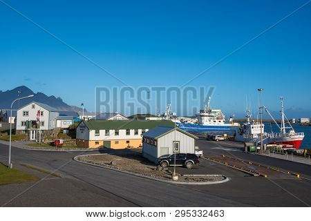 Hornafjordur Iceland - September 25. 2018: View Over The Harbor Area Of Hornafjordur