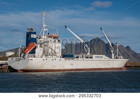 Hornafjordur Iceland - September 26. 2018: Reefer Cargo Ship In Port Of Hornafjordur