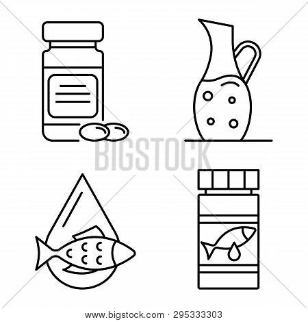 Fish Oil Icons Set. Outline Set Of Fish Oil Icons For Web Design Isolated On White Background