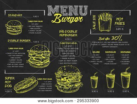 Burger Menu Poster Design On The Chalkboard Elements. Fast Food Menu Skech Style. Can Be Used For La