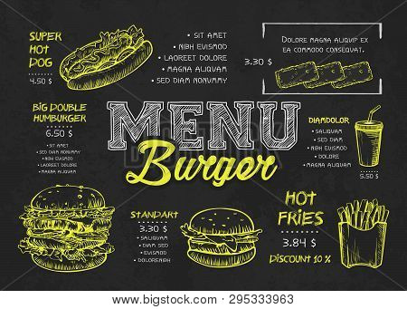 Burger Menu Poster Design On The Chalkboard Elements. Fast Food Menu Skech Style. Can Be Used For La