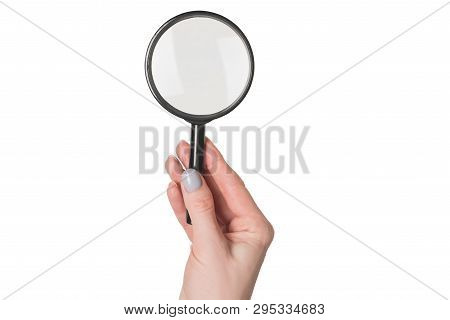 Female Hand Holding Magnifier Isolate On White Background.