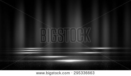 Background Of Empty Street, Room. Background Of Empty Scene At Night. Concrete Coating. Reflection O