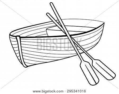 Boat With Oars. Rowing Boat For Romantic Walks On The Lake Or The Sea. Lifeboat Made Of Wood. Boat -
