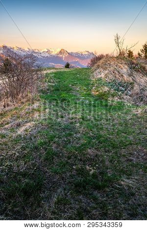 Sunset View From Border Road Of Slovenia And Italy To Mountain Range Krn In Triglav National Park In
