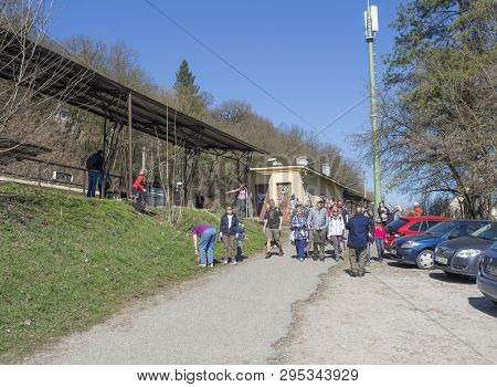 Srbsko, Czech Republic, March 23, 2019: Group Of Smiling Senior People Tourists Going On Trip From S