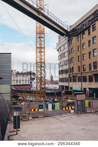 Urban Construction Site In Stockholm Sweden At Slussen With Landmarks Seen On Sunny Day