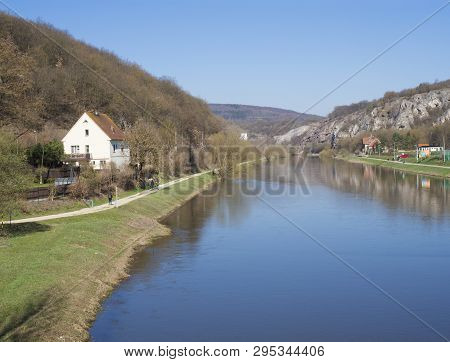 View On River Berounka From Pedestrial Bridge In Village Srbsko In Central Bohemian Region On On Spr