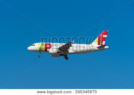 Madrid, Spain - May 22, 2017: Tap Portugal Airbus 319 Is Landing In Madrid Barajas Airport On May 22