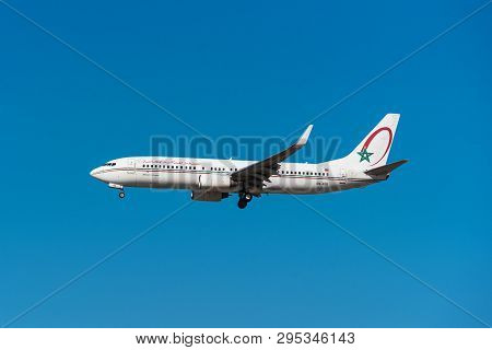 Madrid, Spain - May 22, 2017: Royal Air Maroc Boeing 737 800 Is Landing In Madrid Barajas Airport On
