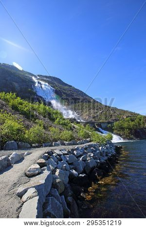 Langfossen Waterfall In Summer Beautiful View Travel Destination