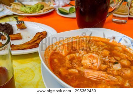 Arroz A La Tumbada, Mexican Food From Veracruz With Side Dishes, Copy Space