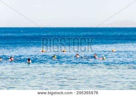 Travel And Leisure, People Swim In The Blue Beautiful Sea. Horizontal Frame