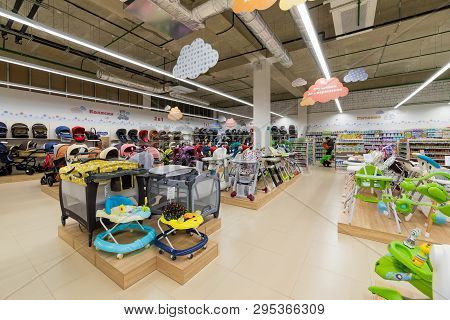 Minsk, Belarus - March 26, 2018: Baby Car Seat And Baby Chair Sections In A Toodlers Store