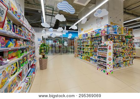 Minsk, Belarus - March 26, 2018: A View Of Shelfs With Colorful Toodlers Toys In Big Toodlers Store