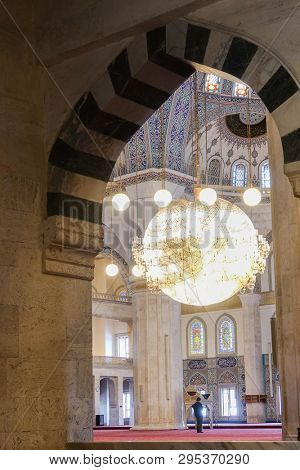 ANKARA, TURKEY - MARCH 16, 2019: Kocatepe Mosque interior details 
