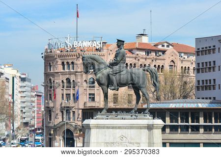 Ankara, Turkey - March 10  2019: The statue of Ataturk and Ulus Square - Ankara, Turkey