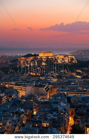 Athens skyline sunset viewed from Mt Lykavitos with Acropolis, Greece.