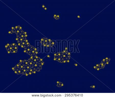 Bright Yellow Mesh Galapagos Islands Map With Glow Effect. Wire Carcass Triangular Mesh In Vector Ep