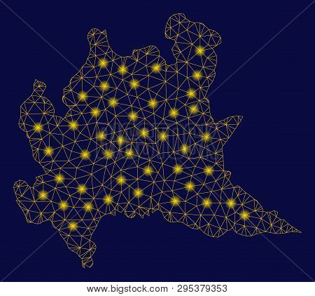 Bright Yellow Mesh Lombardy Region Map With Lightspot Effect. Wire Frame Triangular Mesh In Vector E