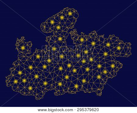 Bright Yellow Mesh Madhya Pradesh State Map With Glare Effect. Wire Frame Triangular Mesh In Vector 
