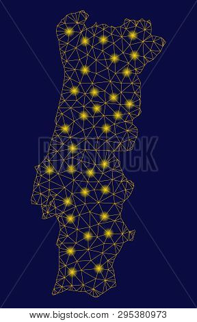 Bright Yellow Mesh Portugal Map With Glare Effect. Wire Frame Triangular Network In Vector Eps10 For