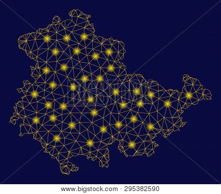 Bright Yellow Mesh Thuringia Land Map With Glare Effect. Wire Carcass Triangular Mesh In Vector Eps1