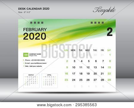 Desk Calendar 2020 Template Vector, February 2020 Month, Business Layout, 8x6 Inch, Week Starts Sund