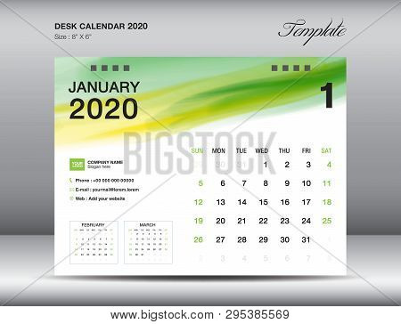 Desk Calendar 2020 Template Vector, January 2020 Month With Green Watercolor Brush Stroke, Business 
