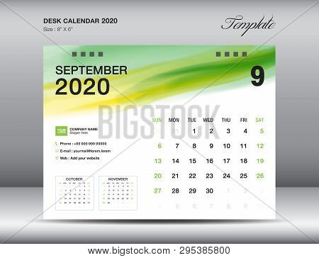 Desk Calendar 2020 Template Vector, September 2020 Month With Green Watercolor Brush Stroke, Busines