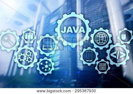 Java Programming Concept. Virtual Machine. On Server Room Background.