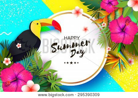 Toucan And Pink Hibiscus Flower. Tropical Summer. Palm Leaves, Plants, Frangipani - Plumeria In Pape