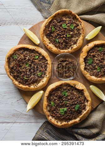 Beef Mince Sfiha - Arabian Opened Meat Pies On Rustic Background.