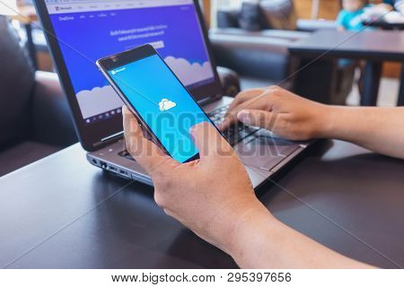 Chiang Mai, Thailand - Mar 18,2018: Man Holding Huawei With Onedrive On Screen. Microsoft Onedrive I