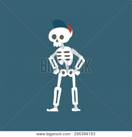 Human Skeleton Wearing Baseball Cap Standing With Hands On His Waist, Funny Dead Man Cartoon Charact